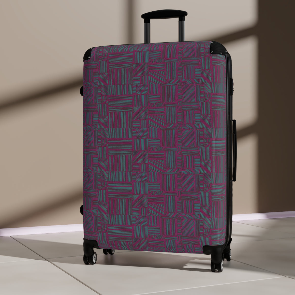 Geometric Plum Carry-On Suitcase – Stylish Patterned Rolling Luggage, angled lifestyle view of an expandable carry on suitcase with bold plum and teal geometric print, hard shell, and smooth rolling wheels.