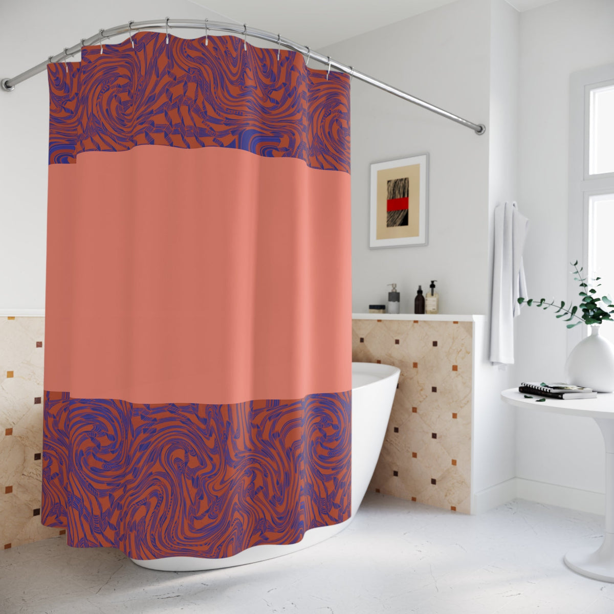Elegant bathroom scene with the Abstract Coral & Indigo Shower Curtain by Printify hanging elegantly near a freestanding tub. This colorful shower curtain brings bold bathroom style to life with its retro features, making it a perfect choice for those seeking chic boho bathroom decor.