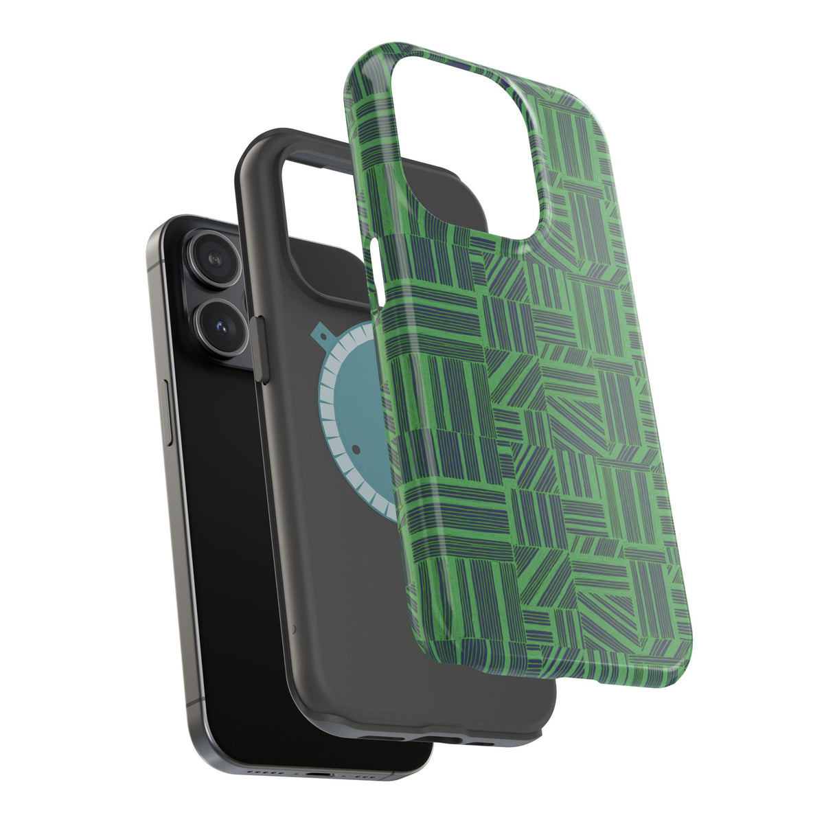 Green Magnetic Phone Case — 2-Layer Geometric MagSafe-Compatible Impact-Resistant Cover, green magnetic phone case- price match with CASETiFY and Casely, final product view showing the green geometric protective shell.
