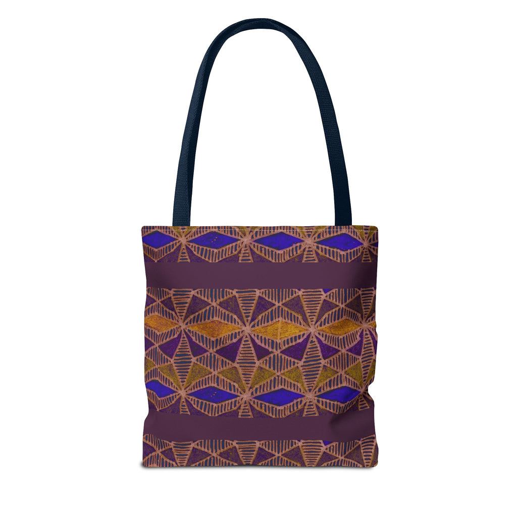 Bohemian Geometric Pattern Tote Bag — Purple & Gold All-Over Print, navy-handle printed canvas tote with purple, gold, and blue pattern