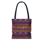 Bohemian Geometric Pattern Tote Bag — Purple & Gold All-Over Print, navy-handle printed canvas tote with purple, gold, and blue pattern