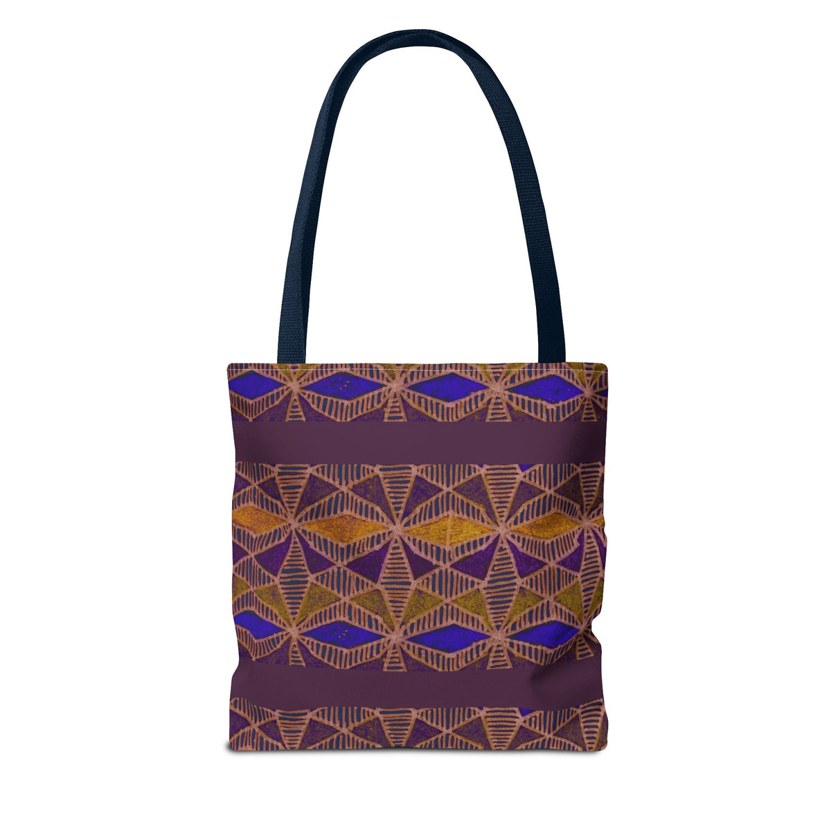 Bohemian Geometric Pattern Tote Bag — Purple & Gold All-Over Print, navy-handle printed canvas tote with purple, gold, and blue pattern