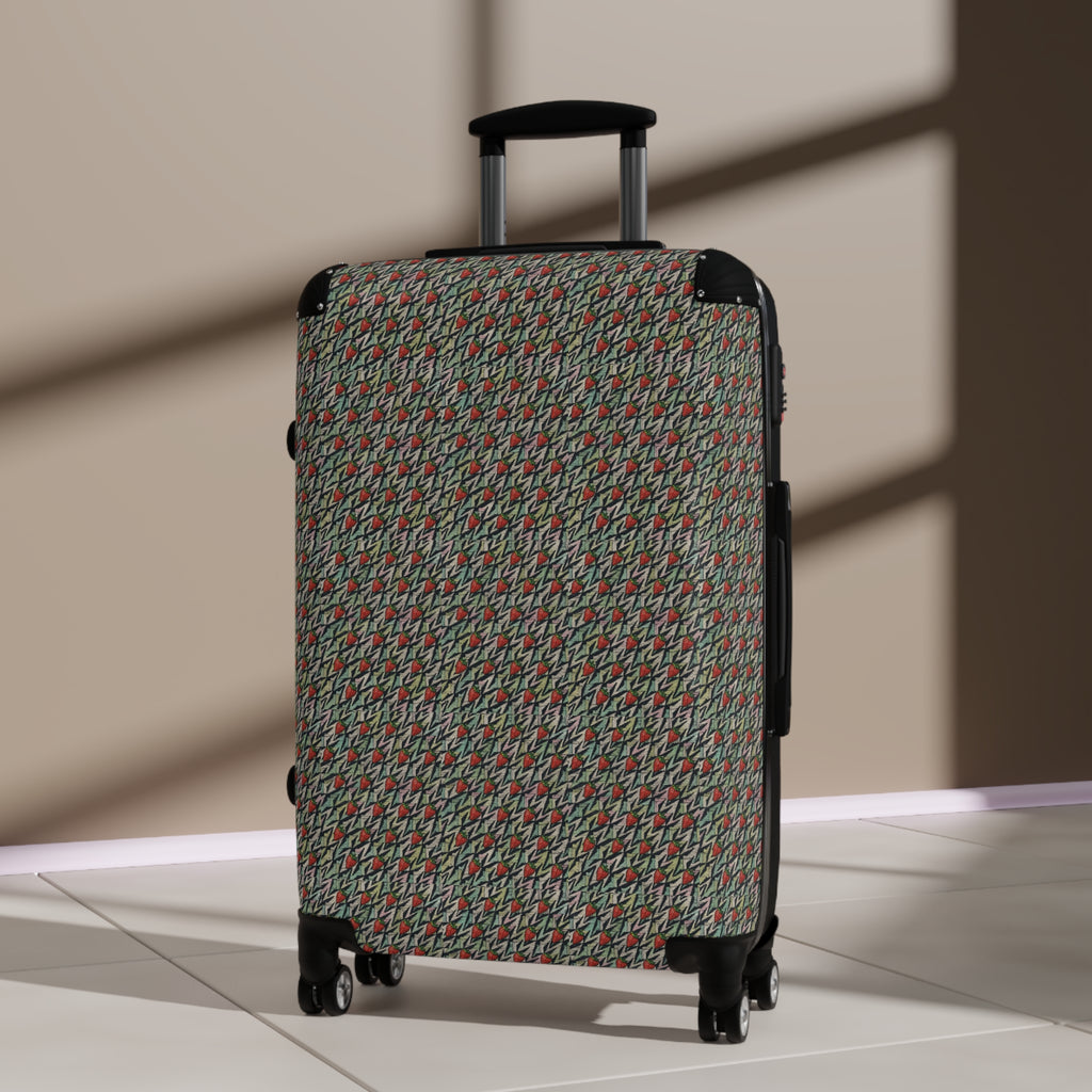 Houndstooth Carry-On Suitcase – Retro Red & Green Patterned Travel Luggage, hard shell carry on angled view with red and green patterned front
