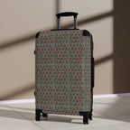 Houndstooth Carry-On Suitcase – Retro Red & Green Patterned Travel Luggage, hard shell carry on angled view with red and green patterned front
