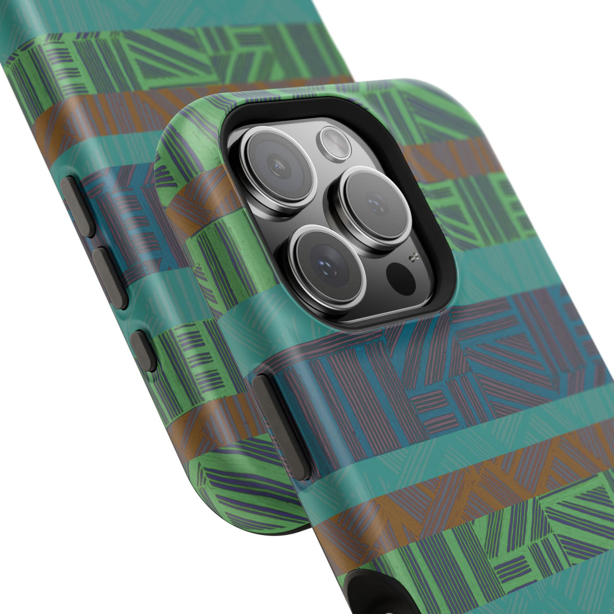 Green Geometric Stripe Phone Case — Impact-Resistant, wireless charging iphone 16 pro max case showing detailed button covers and side controls.