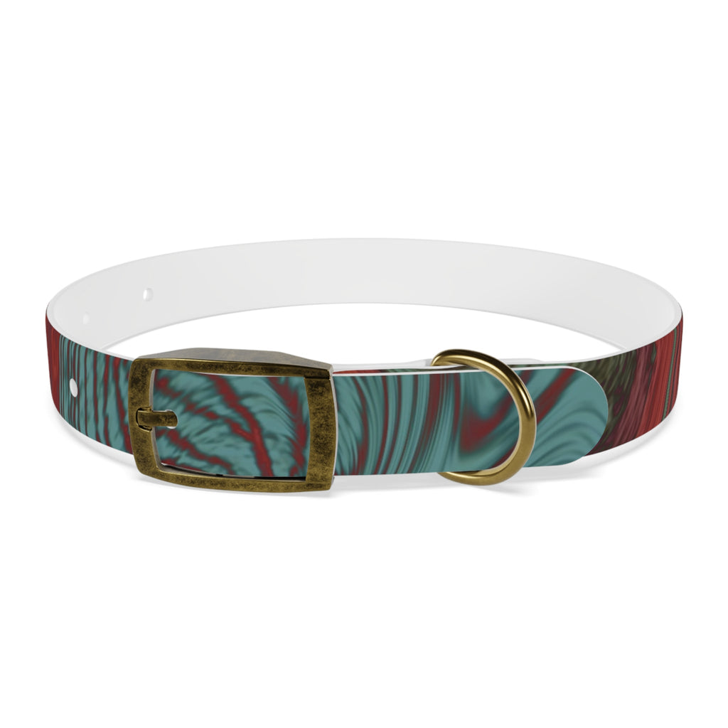 Vintage brass buckle on the vibrant Marbled Swirl Dog Collar — Red & Teal Abstract Pet Collar, perfect for stylish hypoallergenic dog collar needs.