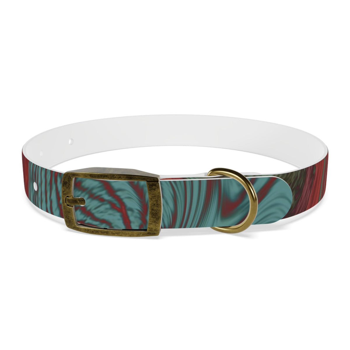 Vintage brass buckle on the vibrant Marbled Swirl Dog Collar — Red & Teal Abstract Pet Collar, perfect for stylish hypoallergenic dog collar needs.