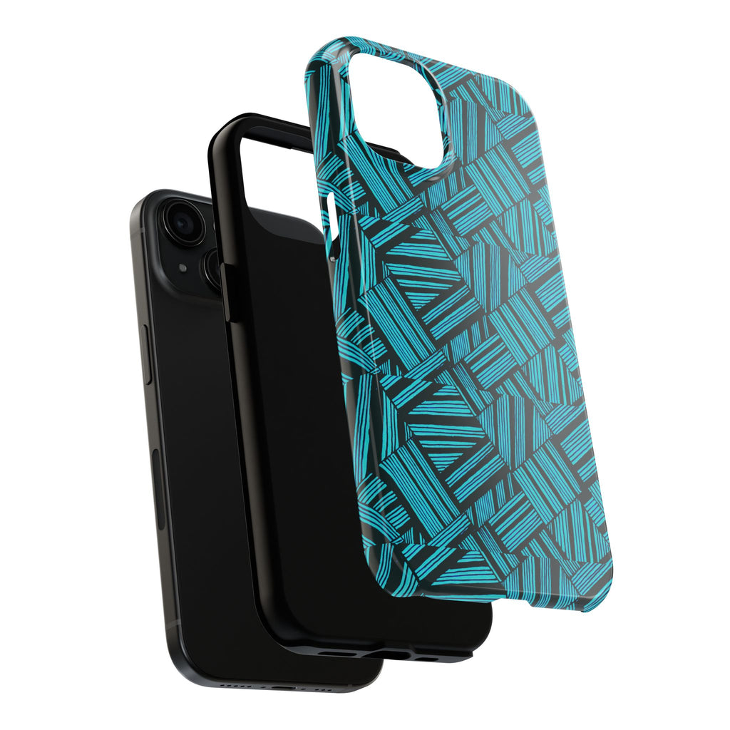 Teal Geometric Tough Phone Case — Durable Protective Phone Case with Modern Stripe Pattern, angled teal shockproof iphone 18 pro max case with camera protection