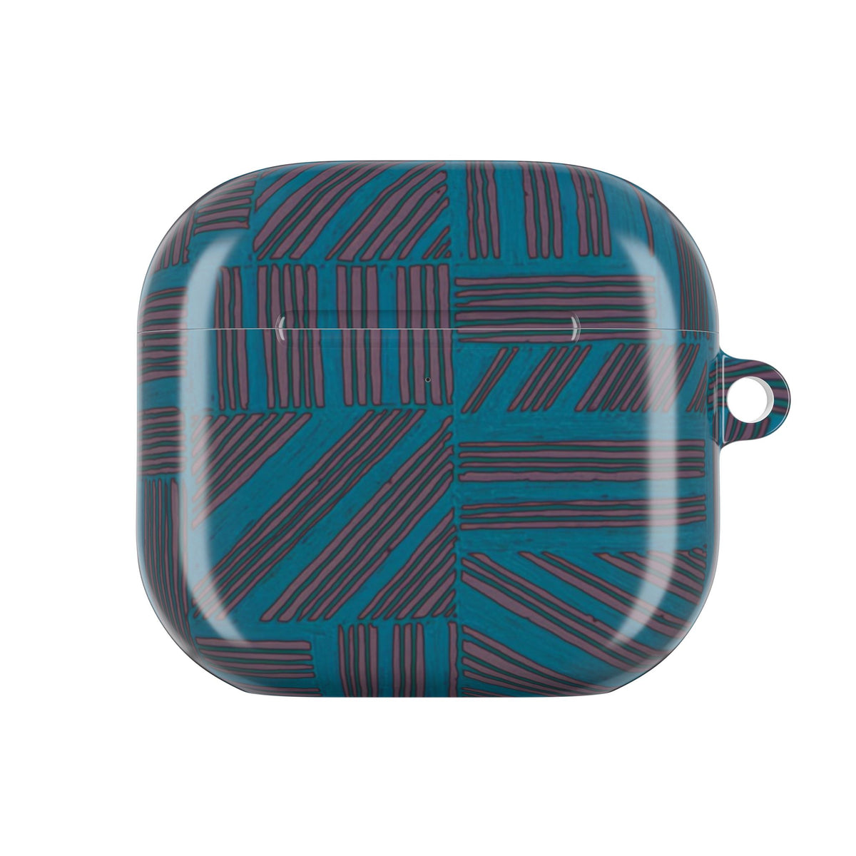 Geometric Teal Stripe AirPod Case — Modern Patterned Protective Cover, an airpod case with carabiner featuring a glossy teal geometric stripe design.