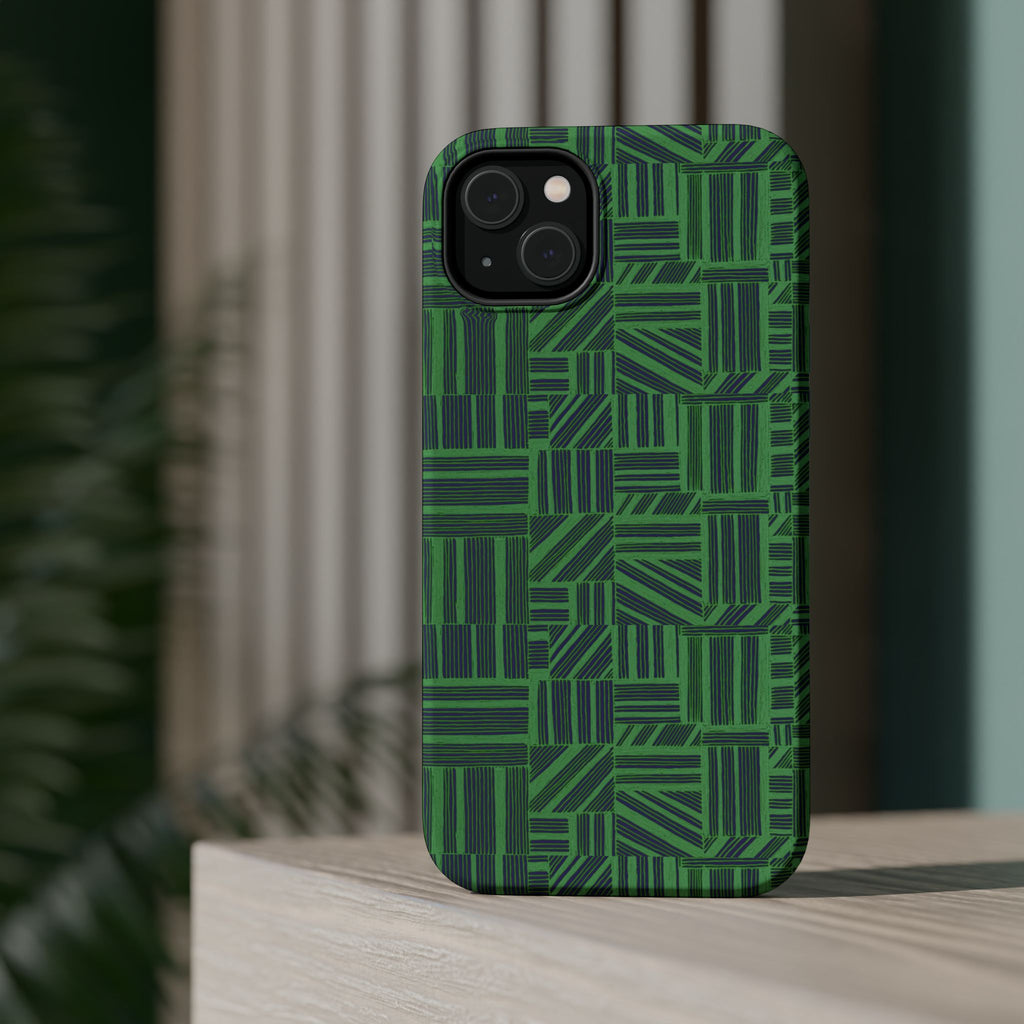 Green Magnetic Phone Case — 2-Layer Geometric MagSafe-Compatible Impact-Resistant Cover, green magnetic phone case- price match with CASETiFY and Casely, floating green case with camera protection.