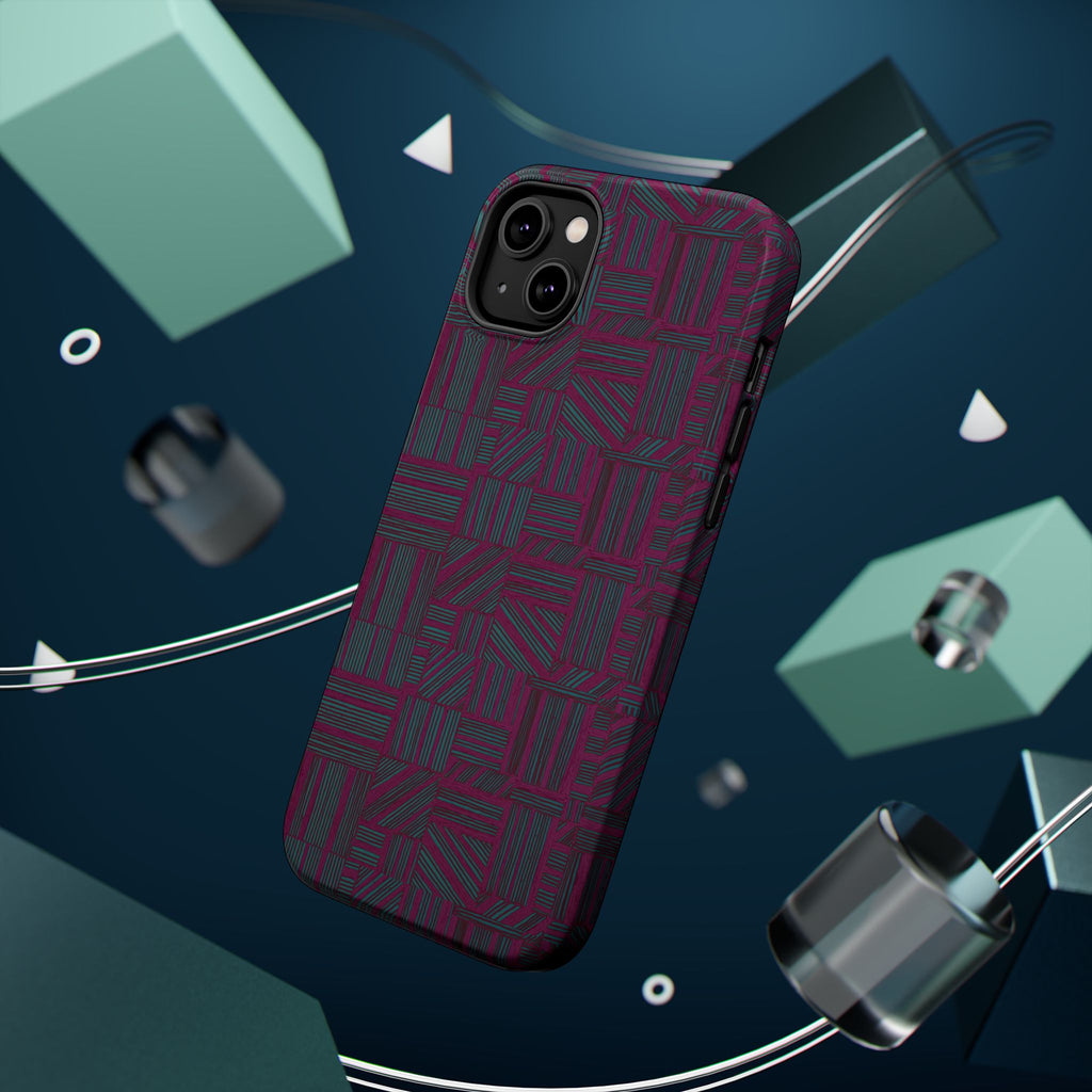 Slim Protective Phone Case With MagSafe, Dual-Layer Impact Protection, Plum Geometric Design, rear case featuring rich plum, teal, and charcoal geometry; slim protective iphone 16 promax  case.