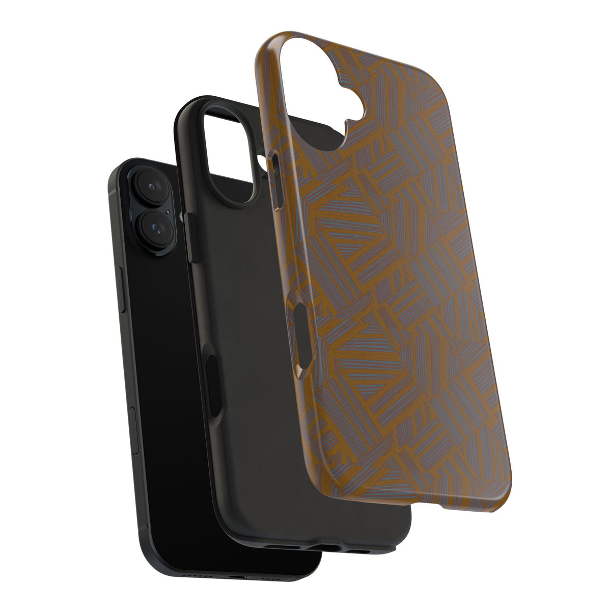 Tough Phone Case — Geometric Maze Brown Protective Cover, wireless charging iphone 18 pro max case in an exploded product view with geometric protective cover.