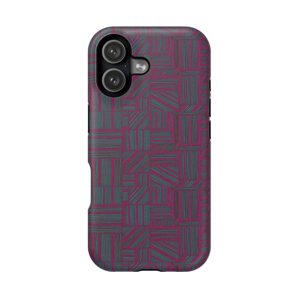 Slim Protective Phone Case With MagSafe, Dual-Layer Impact Protection, Plum Geometric Design, multi-lens camera case shown from the back; slim protective iphone 16 promax  case.