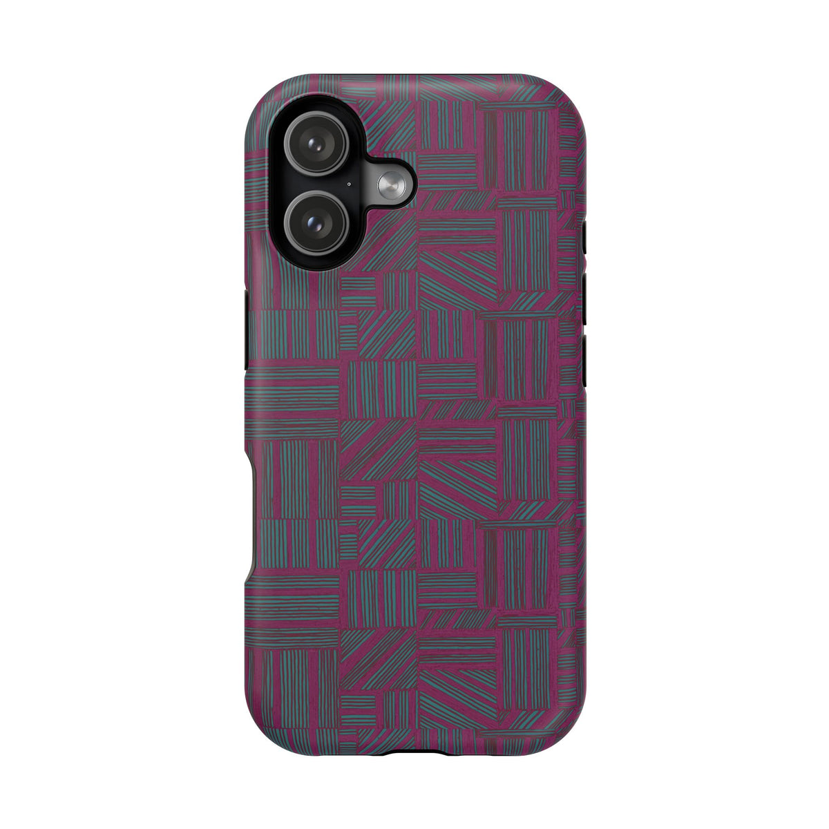 Slim Protective Phone Case With MagSafe, Dual-Layer Impact Protection, Plum Geometric Design, multi-lens camera case shown from the back; slim protective iphone 16 promax  case.