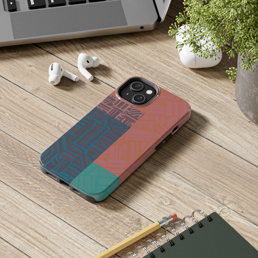 Abstract Geometric Tough Phone Case — Retro Block Pattern, retro iphone 18 pro max case shown in a side-profile product view with accessible buttons.