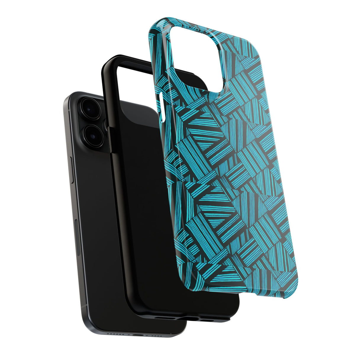 Teal Geometric Tough Phone Case — Durable Protective Phone Case with Modern Stripe Pattern, detached outer shell and phone illustrating a shockproof iphone 18 pro max case
