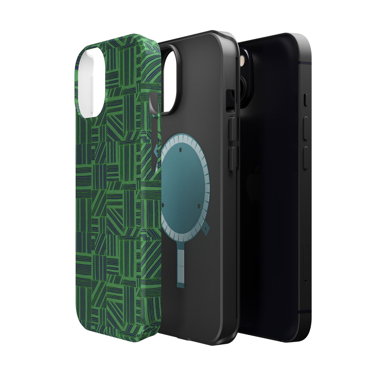 Green Magnetic Phone Case — 2-Layer Geometric MagSafe-Compatible Impact-Resistant Cover, green magnetic phone case- price match with CASETiFY and Casely, green protective cover displayed upright indoors.