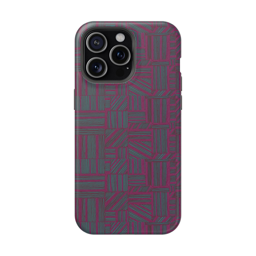 Slim Protective Phone Case With MagSafe, Dual-Layer Impact Protection, Plum Geometric Design, slim case fitted around a dual-camera smartphone; slim protective iphone 16 promax  case.