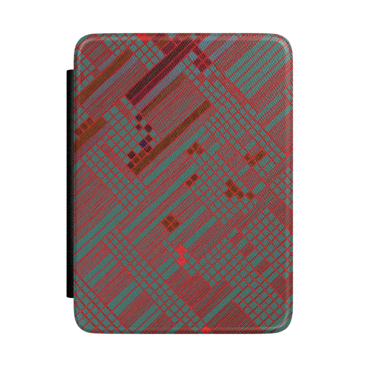Kindle Case — Abstract Plaid Red & Teal Protective E-Reader Cover featuring a textured design, perfect for book lovers. This magnetic kindle case is an ideal cozy reader case and everyday carry. A great gift for readers, it doubles as a stylish travel kindle accessory. Perfect for back to school or as a holiday gift, it showcases a unique plaid kindle look, making it an essential reading accessory, especially for teachers.