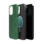 Green Magnetic Phone Case — 2-Layer Geometric MagSafe-Compatible Impact-Resistant Cover, green magnetic phone case- price match with CASETiFY and Casely, upright triple-camera case on a tabletop.