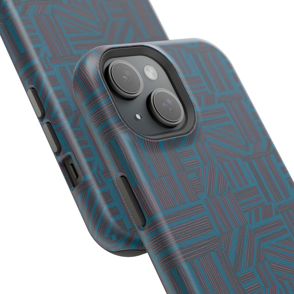 Impact Resistant Phone Case-20% OFF Entire Order, And Free Shipping, Teal Geometric MagSafe case shown with triple-camera phone and magnetic interior; impact resistant iphone 17 case-20% OFF Entire Order, and Free Shipping.