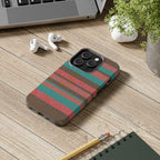 Striped Tribal Tough Phone Case — Retro Teal & Coral Protective Cover shown from the rear with a large camera opening on a fractyl shockproof iphone 17 pro case