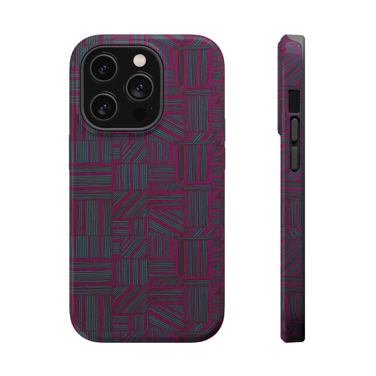 Slim Protective Phone Case With MagSafe, Dual-Layer Impact Protection, Plum Geometric Design, displaying a triple-camera phone fit and slim protective edges; slim protective iphone 16 promax  case.