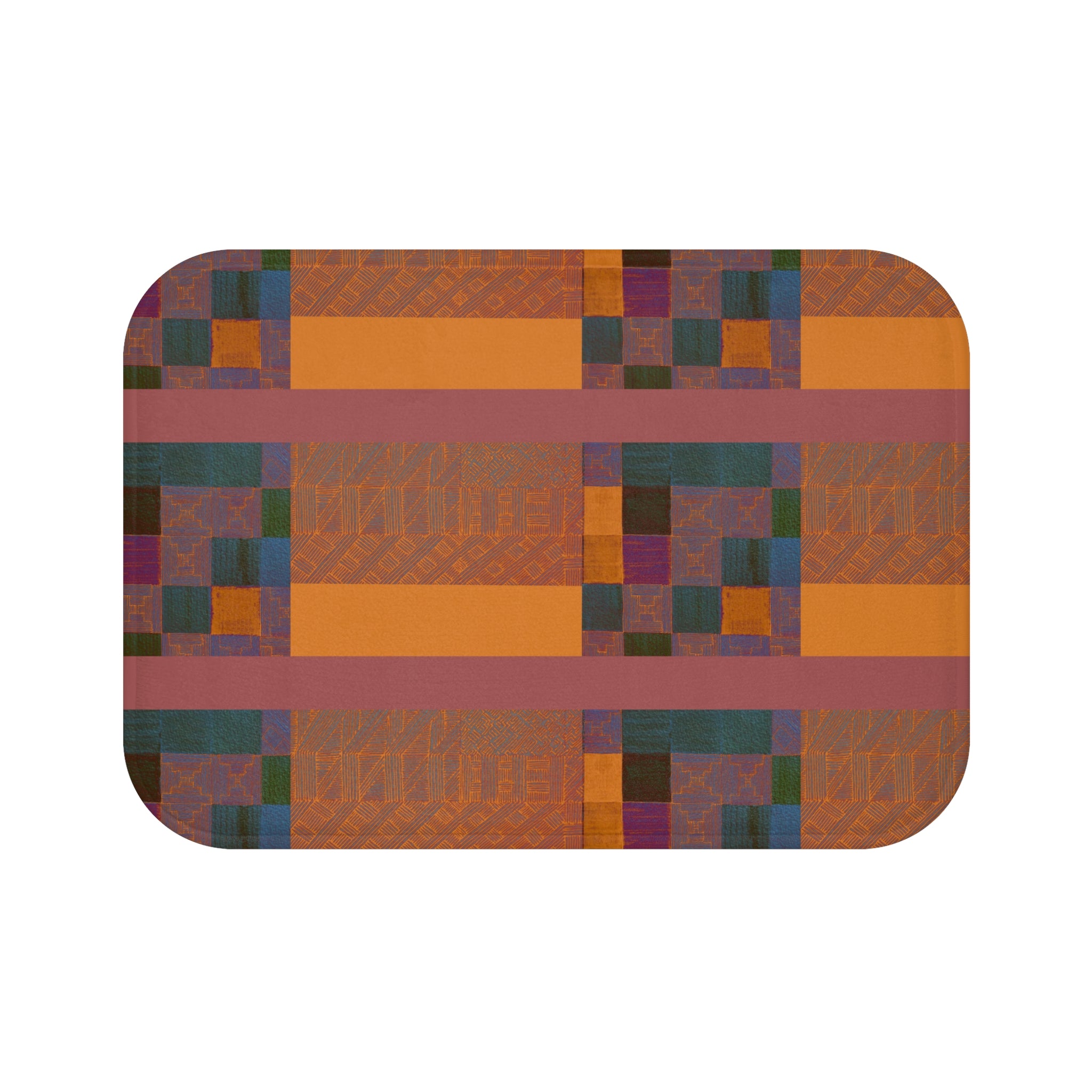 Geometric Patchwork Bath Mat — Warm Rust & Ochre Plaid Design