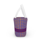 Playful insulated geometric lunch bag featuring purple and orange woven stripes, perfect for everyday use. Ideal for picnic totes, office lunches, or kids lunches, this stylish lunch bag serves as a small cooler for all your needs.