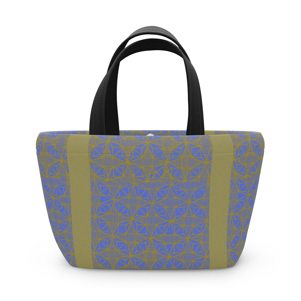 Elegant Geometric Blue Olive Insulated Lunch Bag highlighted with dark straps, a functional compact lunch bag for eco-friendly style.