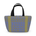 Elegant Geometric Blue Olive Insulated Lunch Bag highlighted with dark straps, a functional compact lunch bag for eco-friendly style.