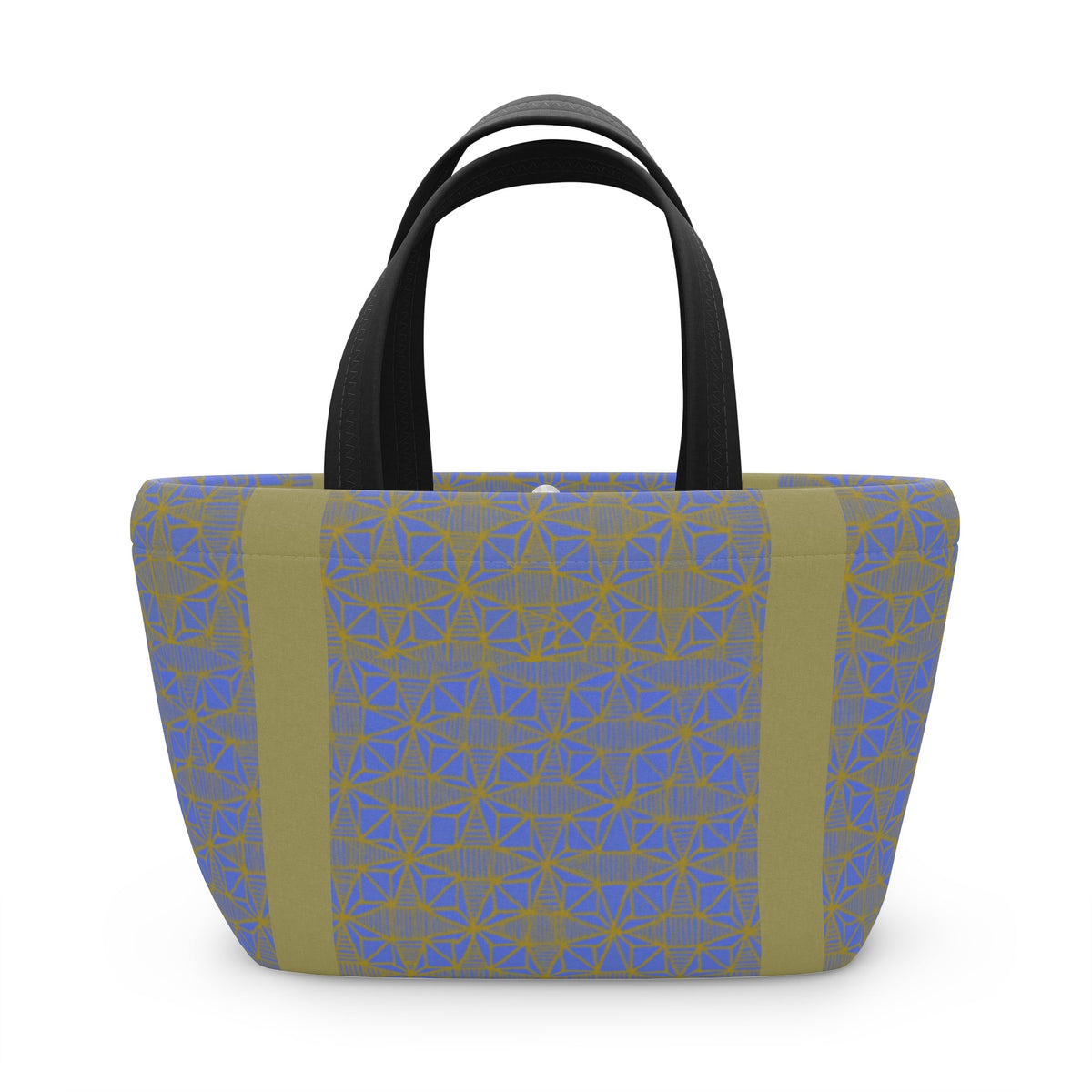 Elegant Geometric Blue Olive Insulated Lunch Bag highlighted with dark straps, a functional compact lunch bag for eco-friendly style.