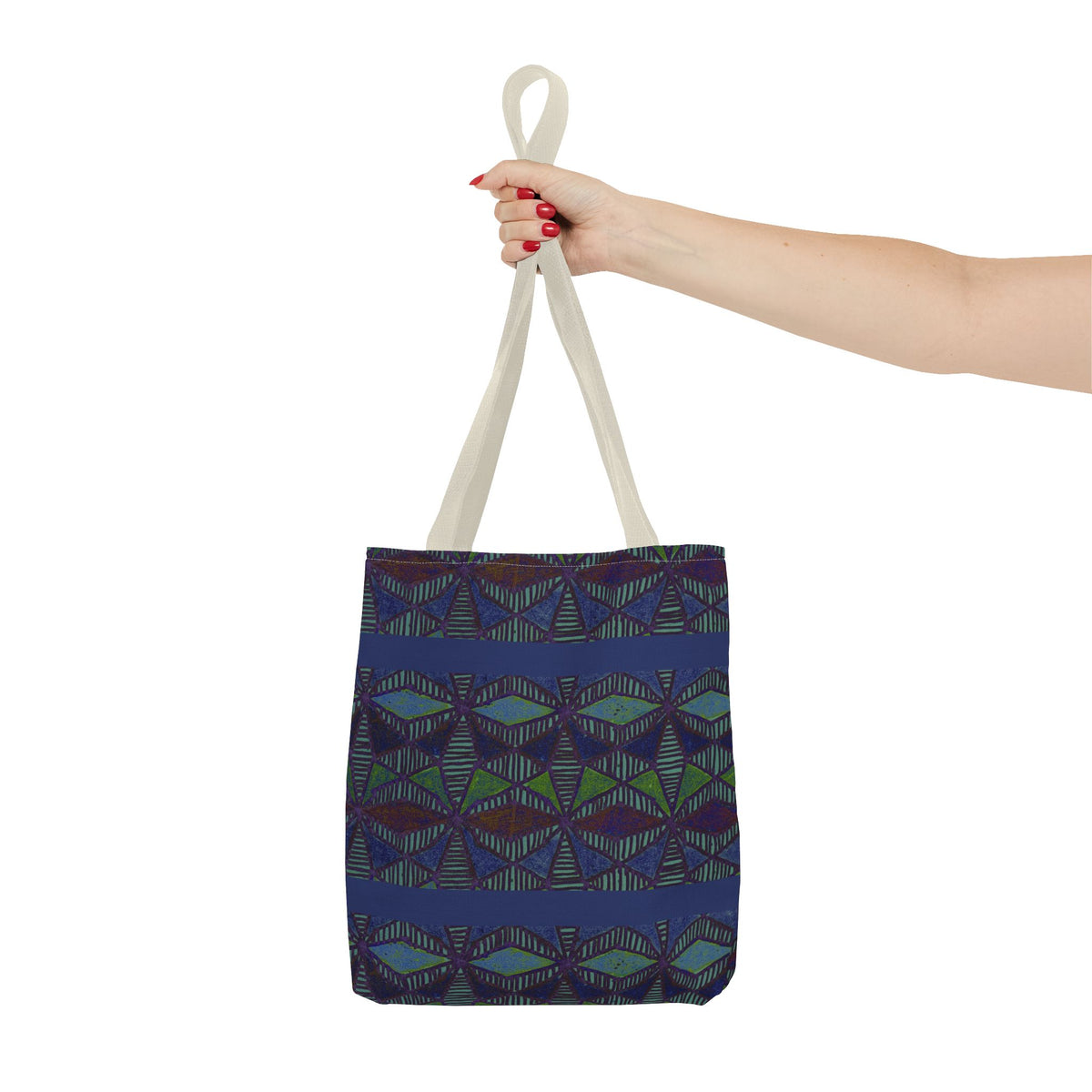 Geometric Indigo Printed Canvas Market Tote With Reinforced Handles And Boxed Corners, large cotton tote carried by hand with navy handles