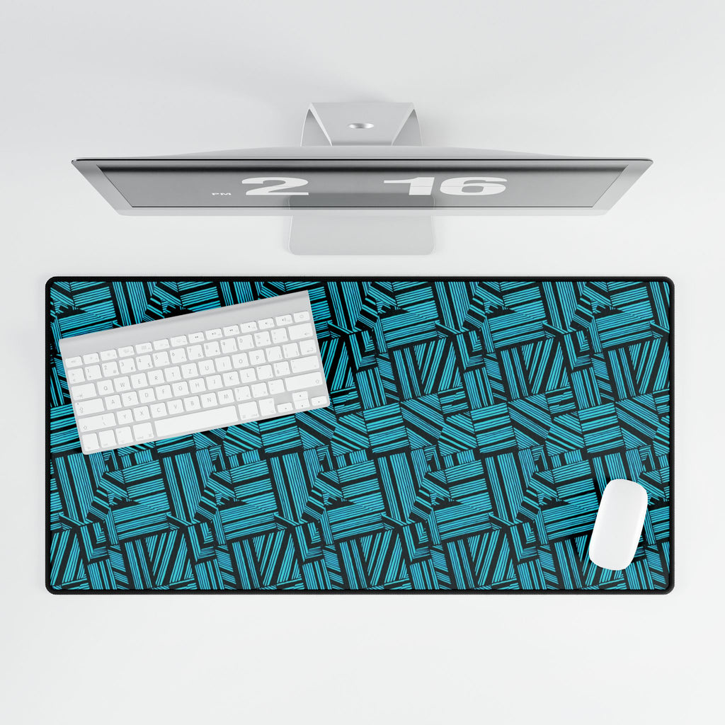 Geometric Teal Desk Mat — Large Patterned Mousepad for Office & Gaming, overhead view of a patterned gaming desk mat supporting a keyboard and mouse beneath a monitor