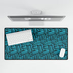 Geometric Teal Desk Mat — Large Patterned Mousepad for Office & Gaming, overhead view of a patterned gaming desk mat supporting a keyboard and mouse beneath a monitor