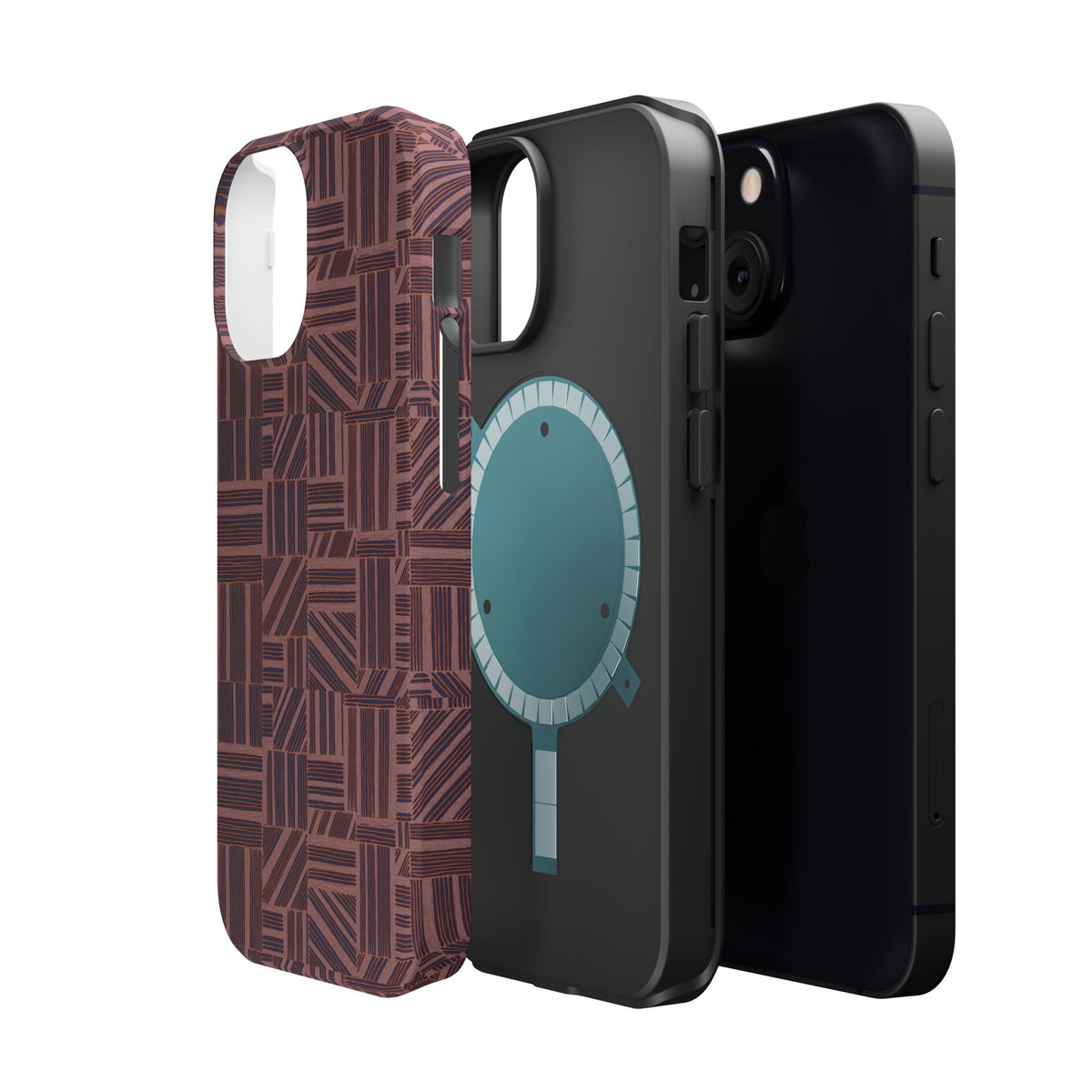 MagSafe Impact Resistant Phone Case - Geometric Brown Pattern, Dual-Layer Protection, close-up of triple-camera protection; impact resistant iphone 17 pro max case