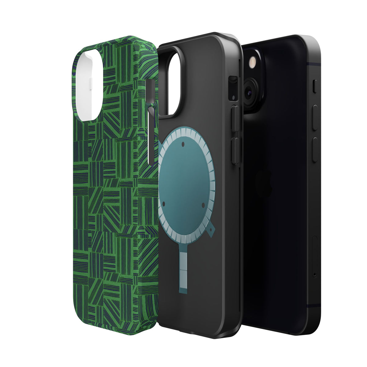 Green Magnetic Phone Case — 2-Layer Geometric MagSafe-Compatible Impact-Resistant Cover, green magnetic phone case- price match with CASETiFY and Casely, exploded view of patterned shell, liner, and smartphone.