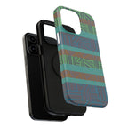 Green Geometric Stripe Phone Case — Impact-Resistant, wireless charging iphone 16 pro max case close-up with continuous geometric print across the sides.