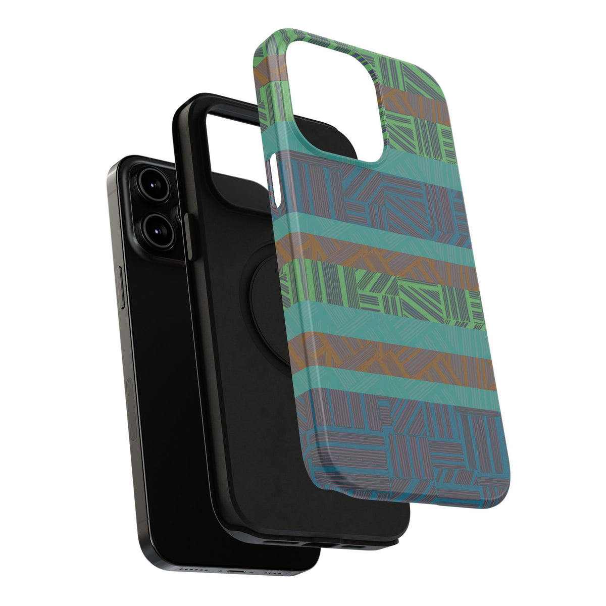 Green Geometric Stripe Phone Case — Impact-Resistant, wireless charging iphone 16 pro max case close-up with continuous geometric print across the sides.