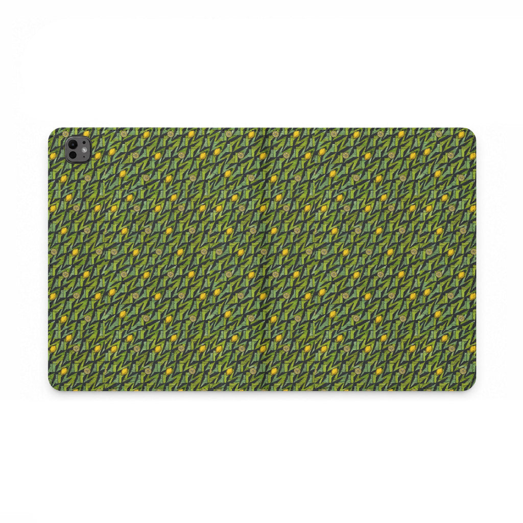 Green Botanical Pattern Tablet Folio Case, a vegan leather tablet case displaying a nature-inspired botanical design in green and golden tones
