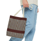 Geometric Retro Stripe Tote Bag – Vintage Brown Patterned AOP Tote carried with cream straps, large everyday cotton tote for shopping