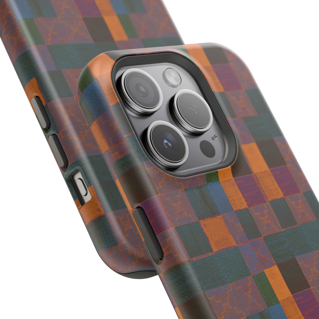 Impact-Resistant Phone Case — Retro Checkerboard Pattern, Fractyl wireless charging iphone 18 pro case featuring a vivid artisan checkerboard design and raised protective lip.