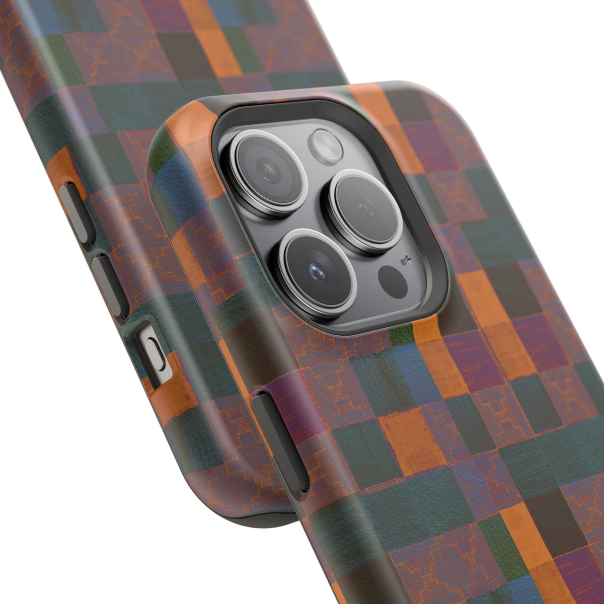 Impact-Resistant Phone Case — Retro Checkerboard Pattern, Fractyl wireless charging iphone 18 pro case featuring a vivid artisan checkerboard design and raised protective lip.
