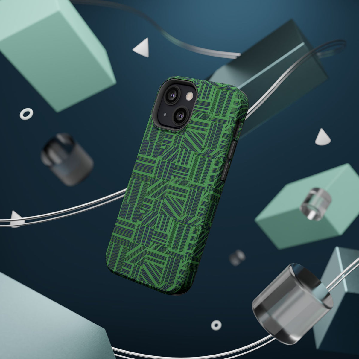 Green Magnetic Phone Case — 2-Layer Geometric MagSafe-Compatible Impact-Resistant Cover, green magnetic phone case- price match with CASETiFY and Casely, close-up of triple-camera protection and geometric artwork.