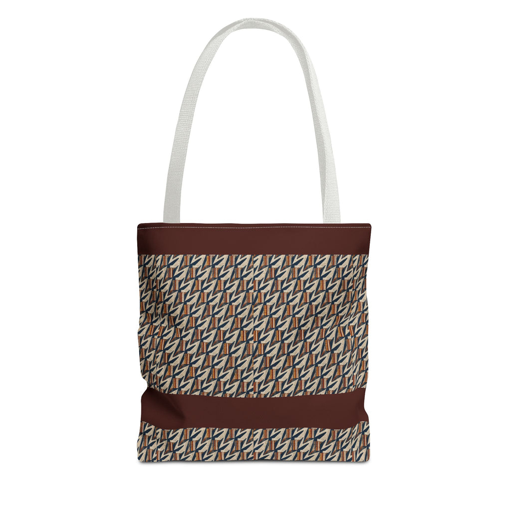 Geometric Retro Stripe Tote Bag – Vintage Brown Patterned AOP Tote with light gray handles, large everyday cotton tote for shopping and books