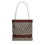 Geometric Retro Stripe Tote Bag – Vintage Brown Patterned AOP Tote with light gray handles, large everyday cotton tote for shopping and books