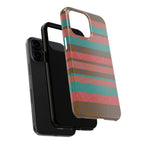 Striped Tribal Tough Phone Case — Retro Teal & Coral Protective Cover shown in an exploded view with black inner liner of a fractyl shockproof iphone 17 pro case