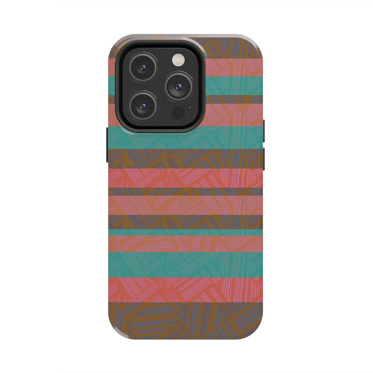 Striped Tribal Tough Phone Case — Retro Teal & Coral Protective Cover featuring a triple-camera cutout and protective fractyl shockproof iphone 17 pro case design