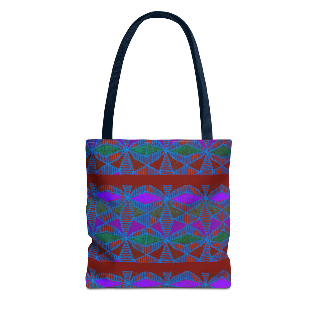 Geometric Heart Pattern Tote Bag — Vintage Tribal All-Over Print, geometric canvas tote bag with navy handles and vintage-inspired tribal print