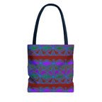 Geometric Heart Pattern Tote Bag — Vintage Tribal All-Over Print, geometric canvas tote bag with navy handles and vintage-inspired tribal print